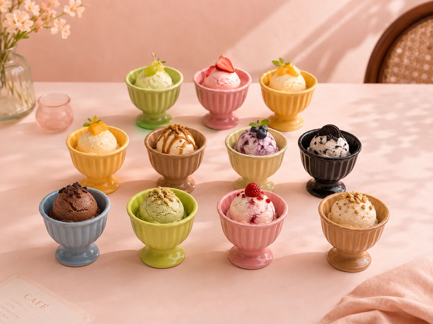 Assorted ice cream bowls with different flavors on a pink tablecloth.