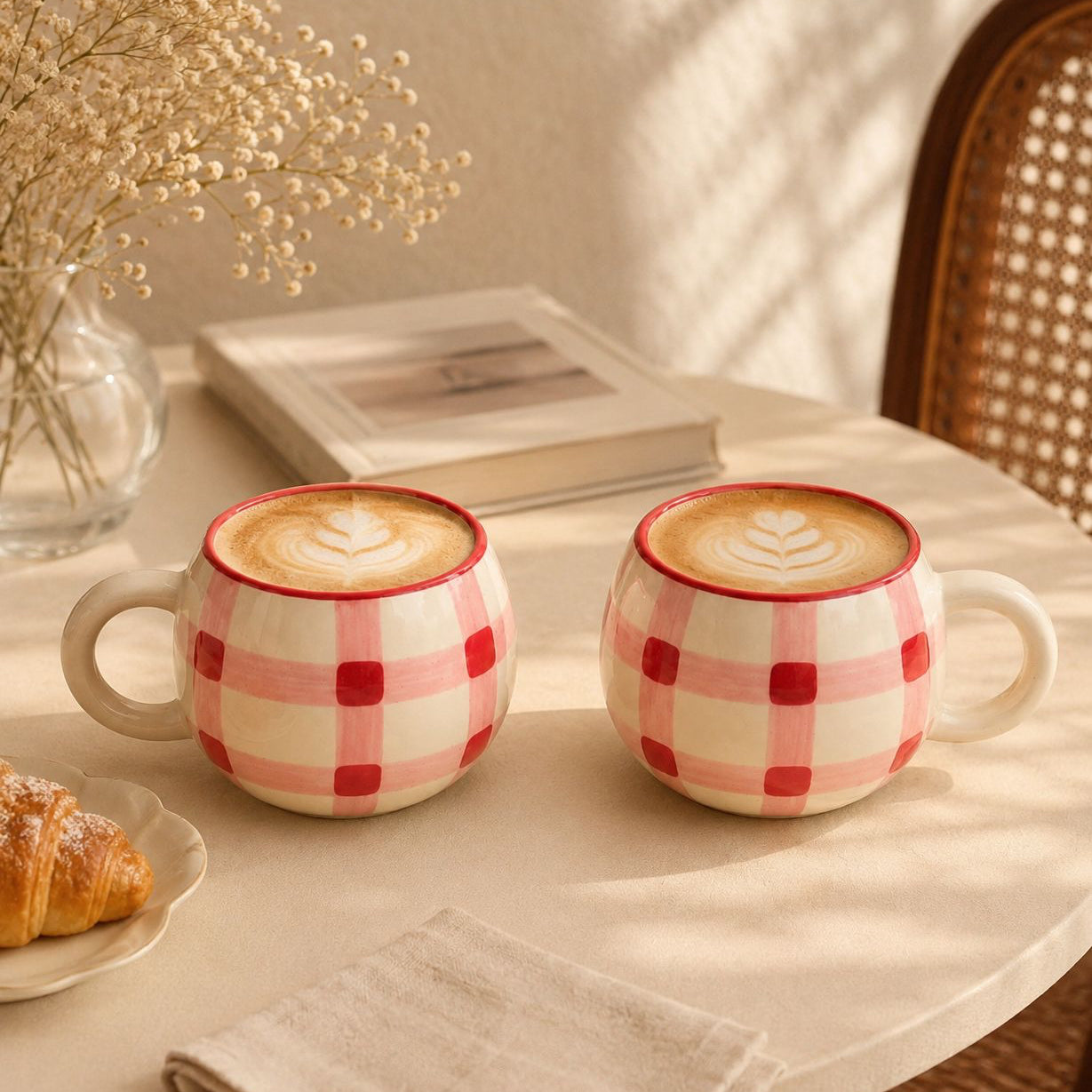 Two pink checkered mugs with latte art on a table with a croissant and books.