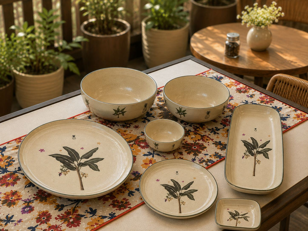 Set of ceramic dishes with leaf design on a floral tablecloth.