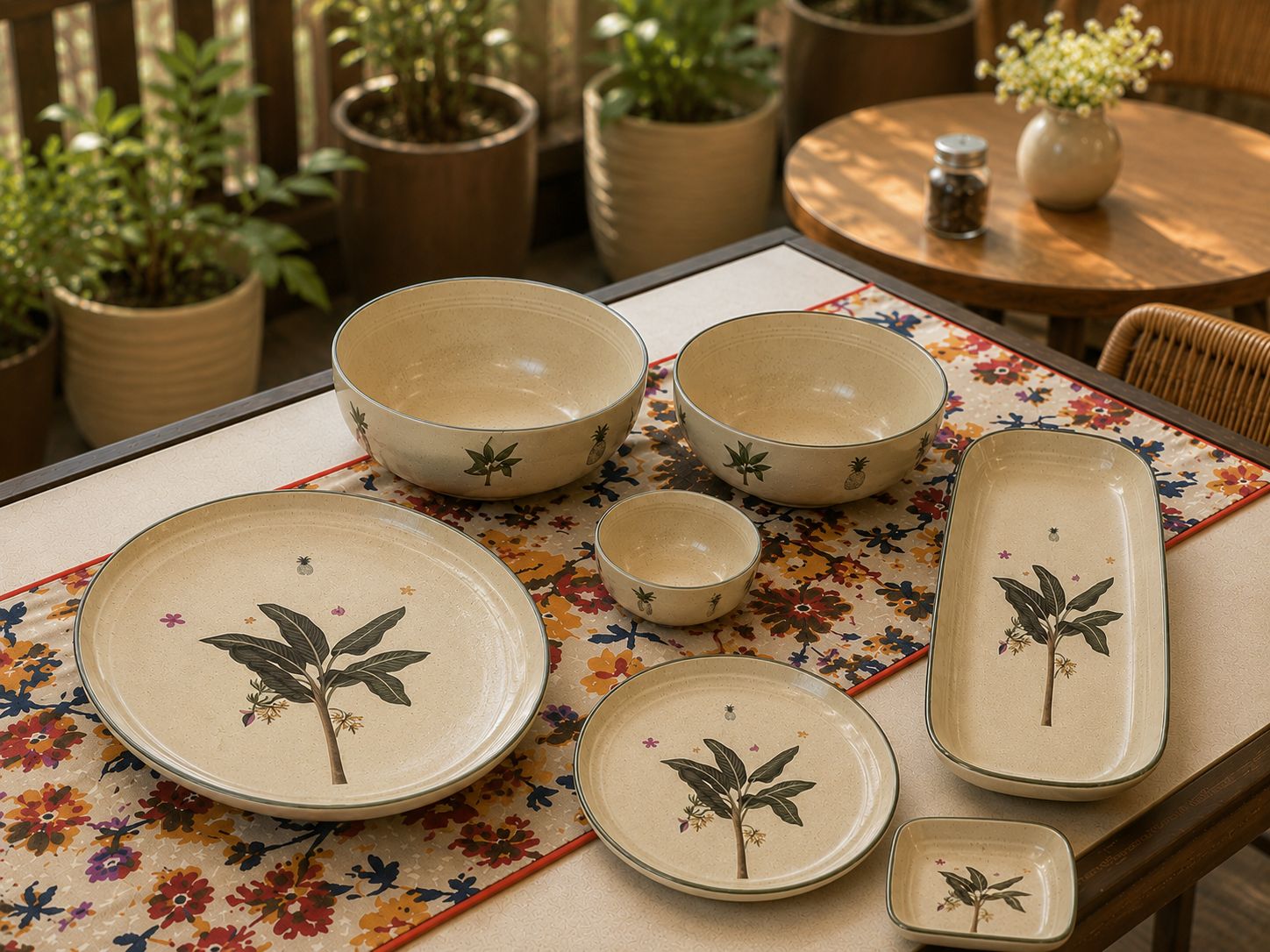 Set of ceramic dishes with leaf design on a floral tablecloth.