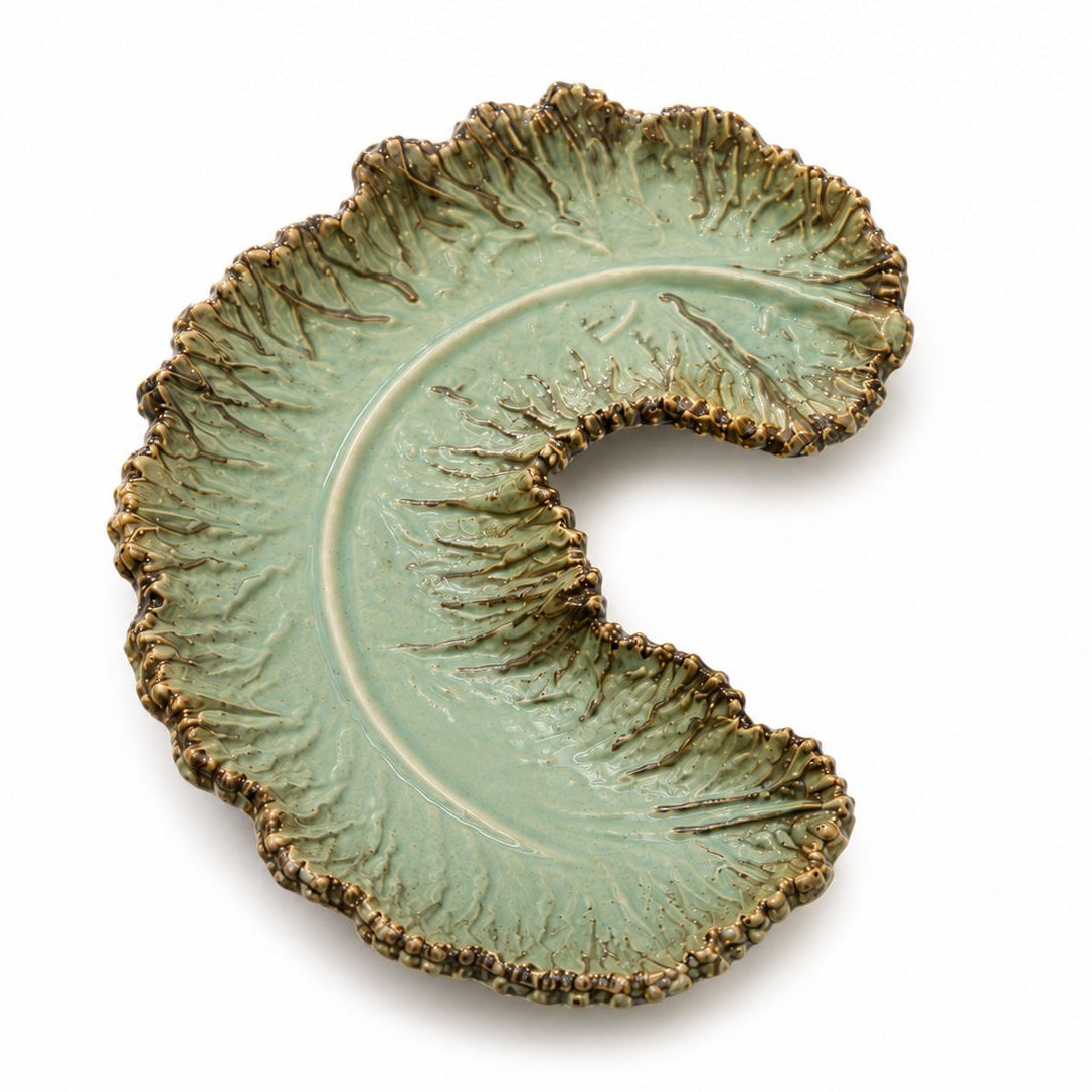 Decorative ceramic plate with textured edge on a white background