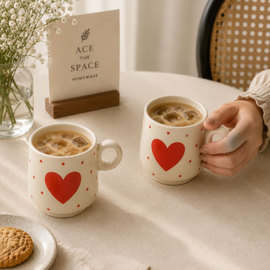 Two mugs with red heart designs on a table with a person holding one mug.