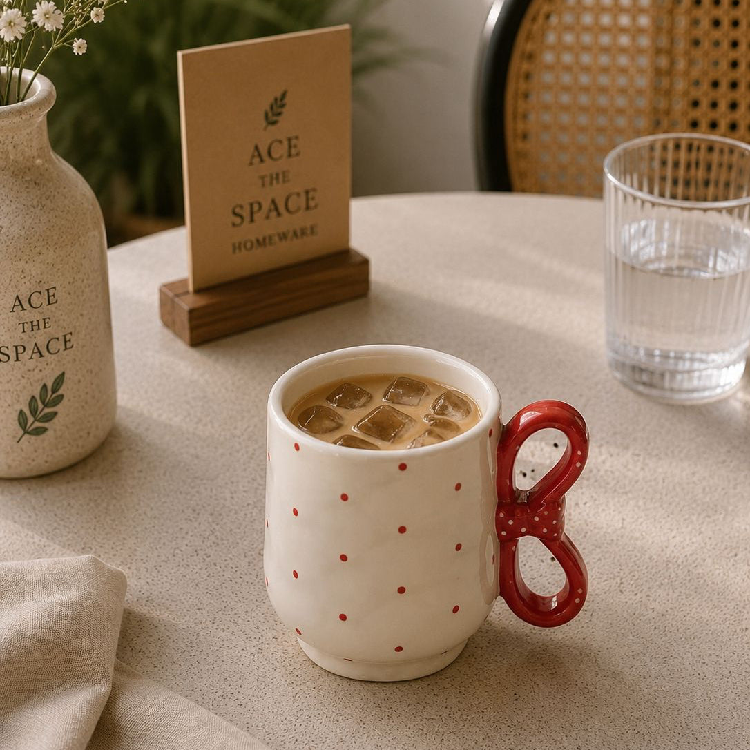 Cup of coffee with polka dot design on a table with a glass of water and decorative items.