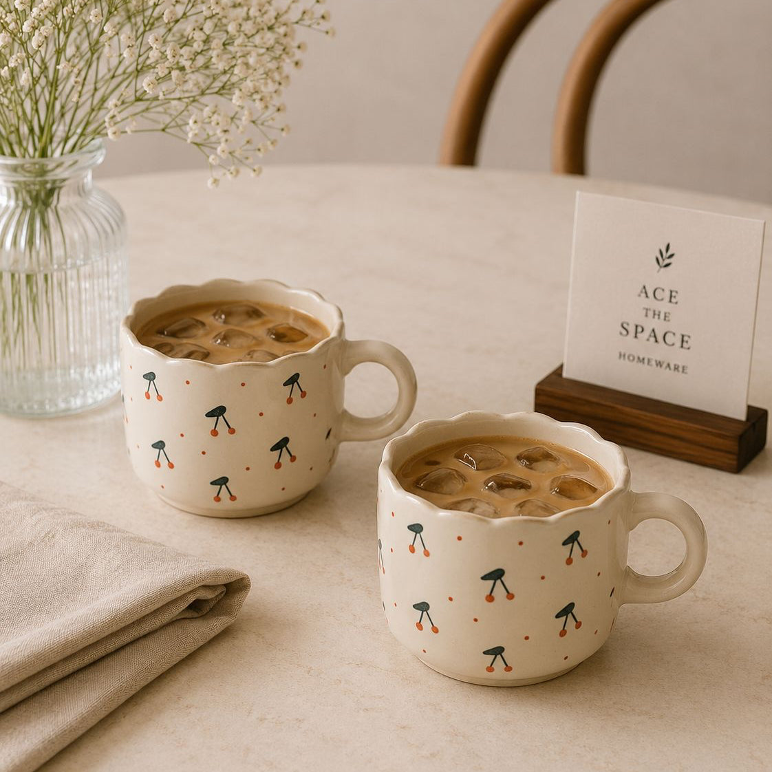 Two mugs with a pattern of people and coffee on a table with a vase of flowers and a card in the background.