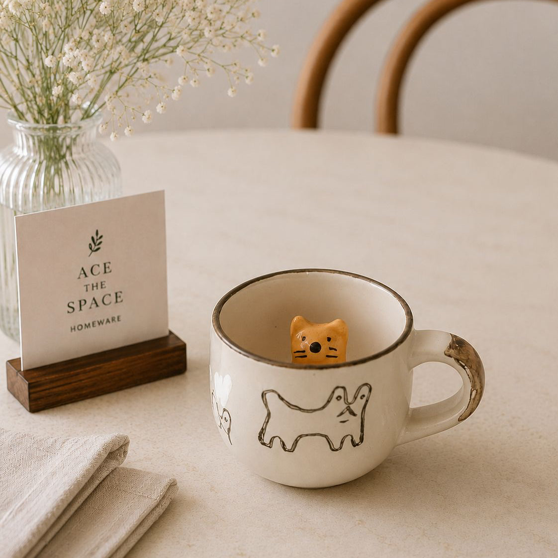 Mug with a dog design and a small dog-shaped object on a table with a card and flowers in the background.