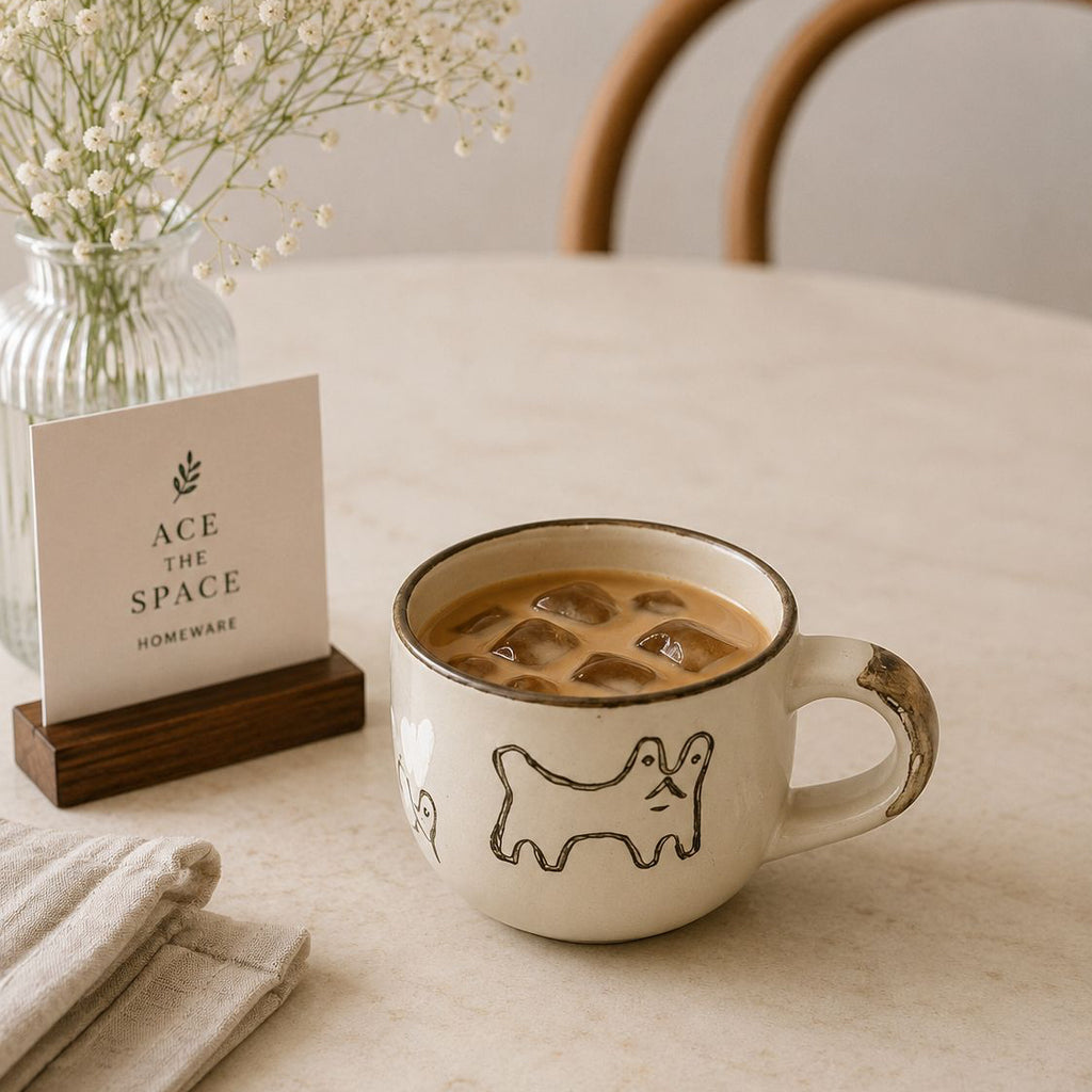 Ceramic mug with a dog design on a table with a vase of flowers and a card in the background.