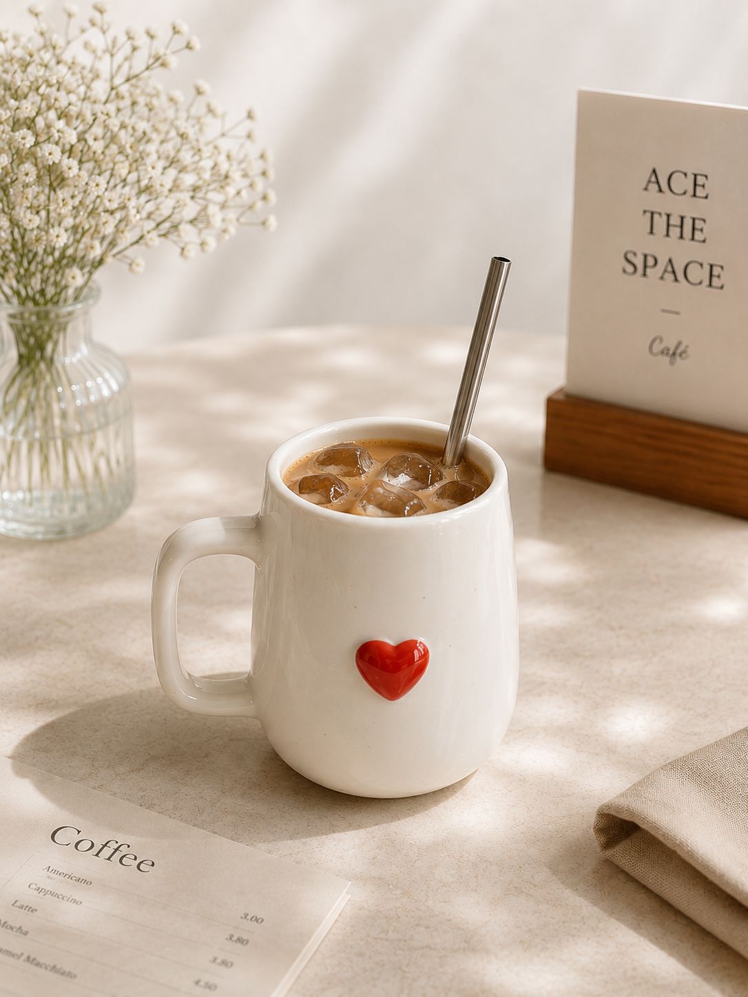 White mug with a red heart on a table with iced coffee, a vase of flowers, and a sign in the background.