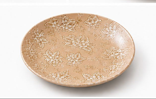 Set of ceramic plates and bowls with floral patterns on a white background