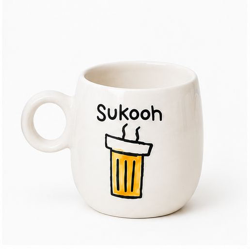 Set of six uniquely designed mugs on a white background