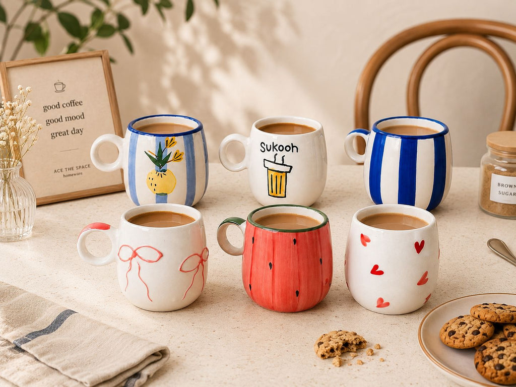 Set of colorful mugs with various designs on a table with cookies and a book.