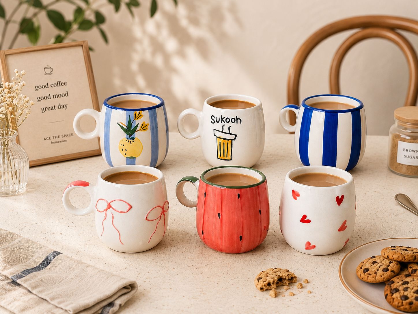 Set of colorful mugs with various designs on a table with cookies and a book.