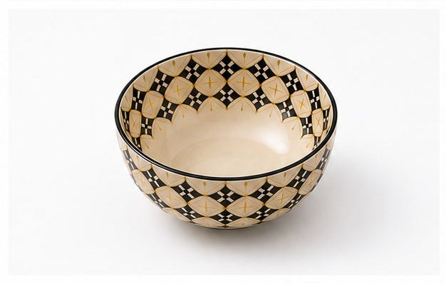 Set of ceramic bowls with geometric pattern on a white background