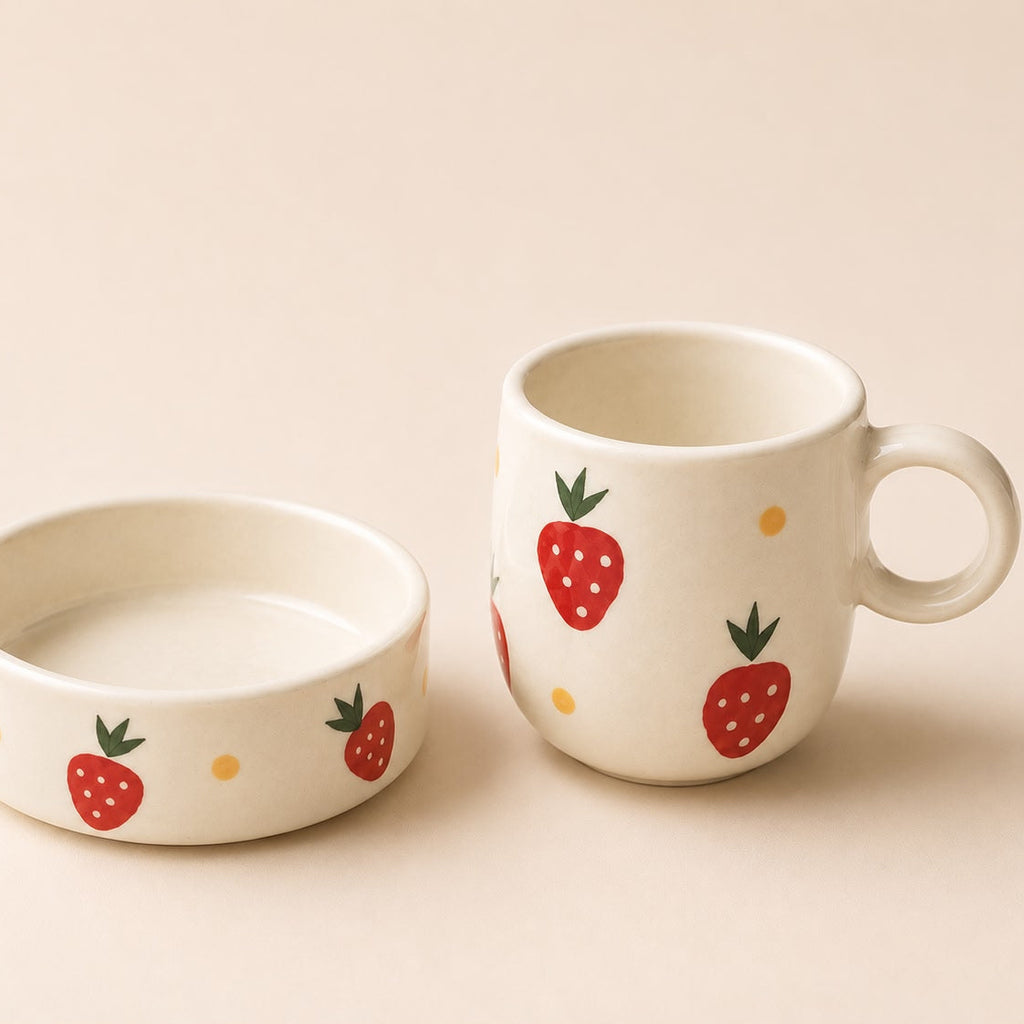 Ceramic mug and bowl set with strawberry design on a beige background
