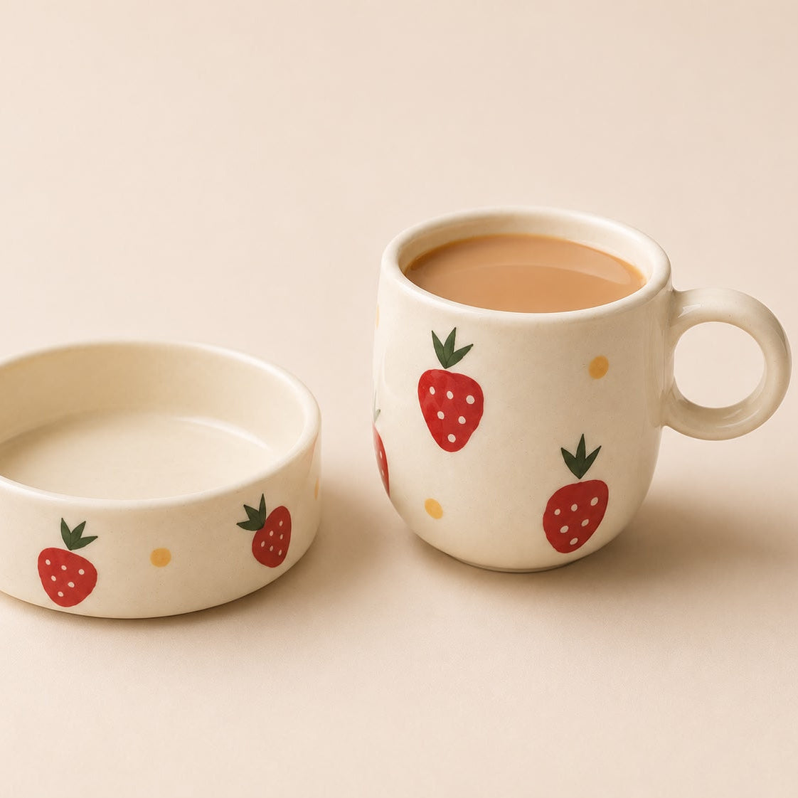 Ceramic mug and bowl with strawberry design on a beige background