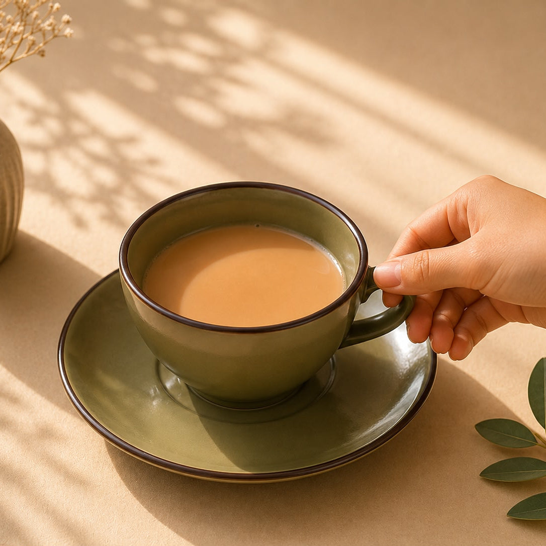 Hand holding a green mug of tea on a matching saucer with a vase and leaves in the background.