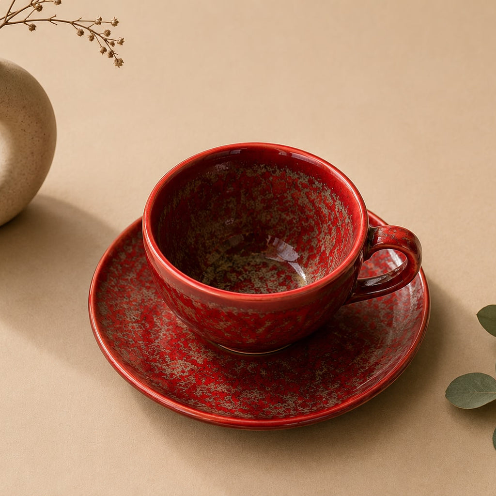 Red ceramic cup and saucer on a beige surface with a vase and greenery.
