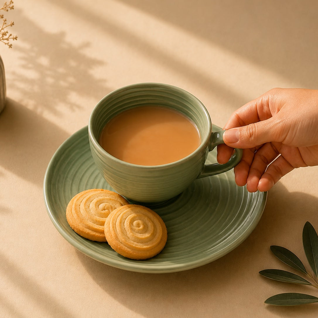 Hand holding a green mug of tea with cookies on a matching plate, set against a beige background.