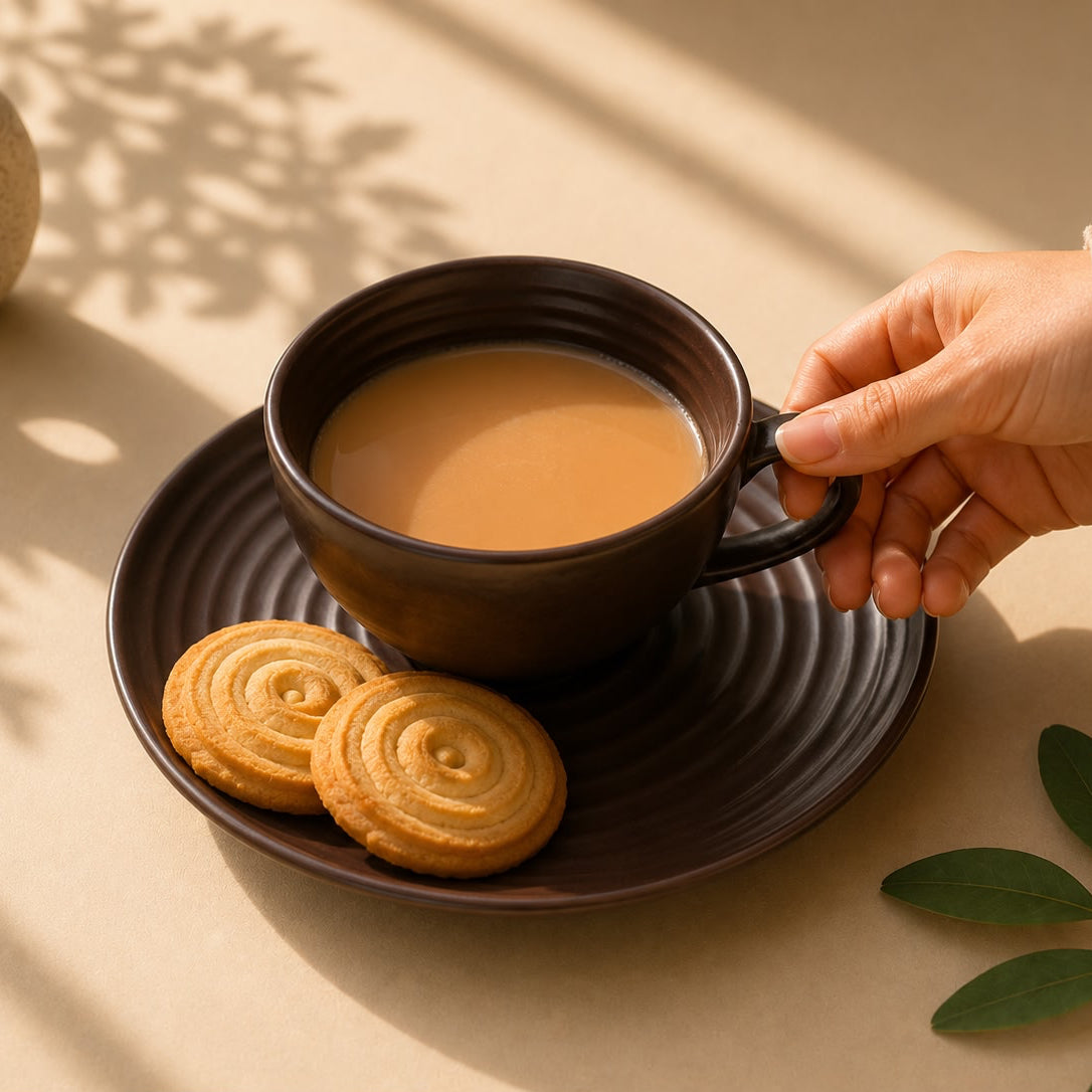 Hand holding a cup of coffee with cookies on a saucer, set against a neutral background.
