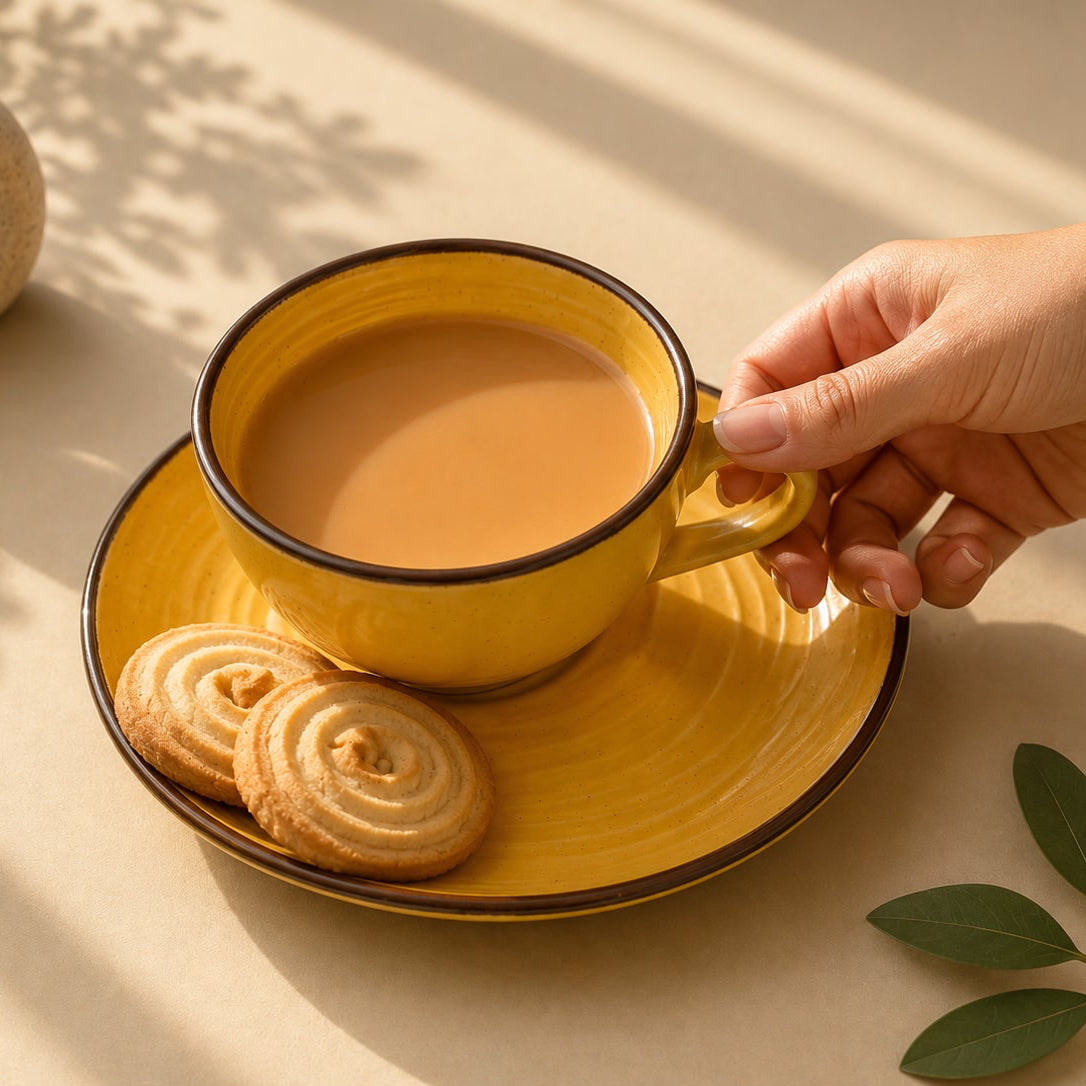 Yellow mug with tea and cookies on a saucer, held by a hand, with a vase and leaves in the background.