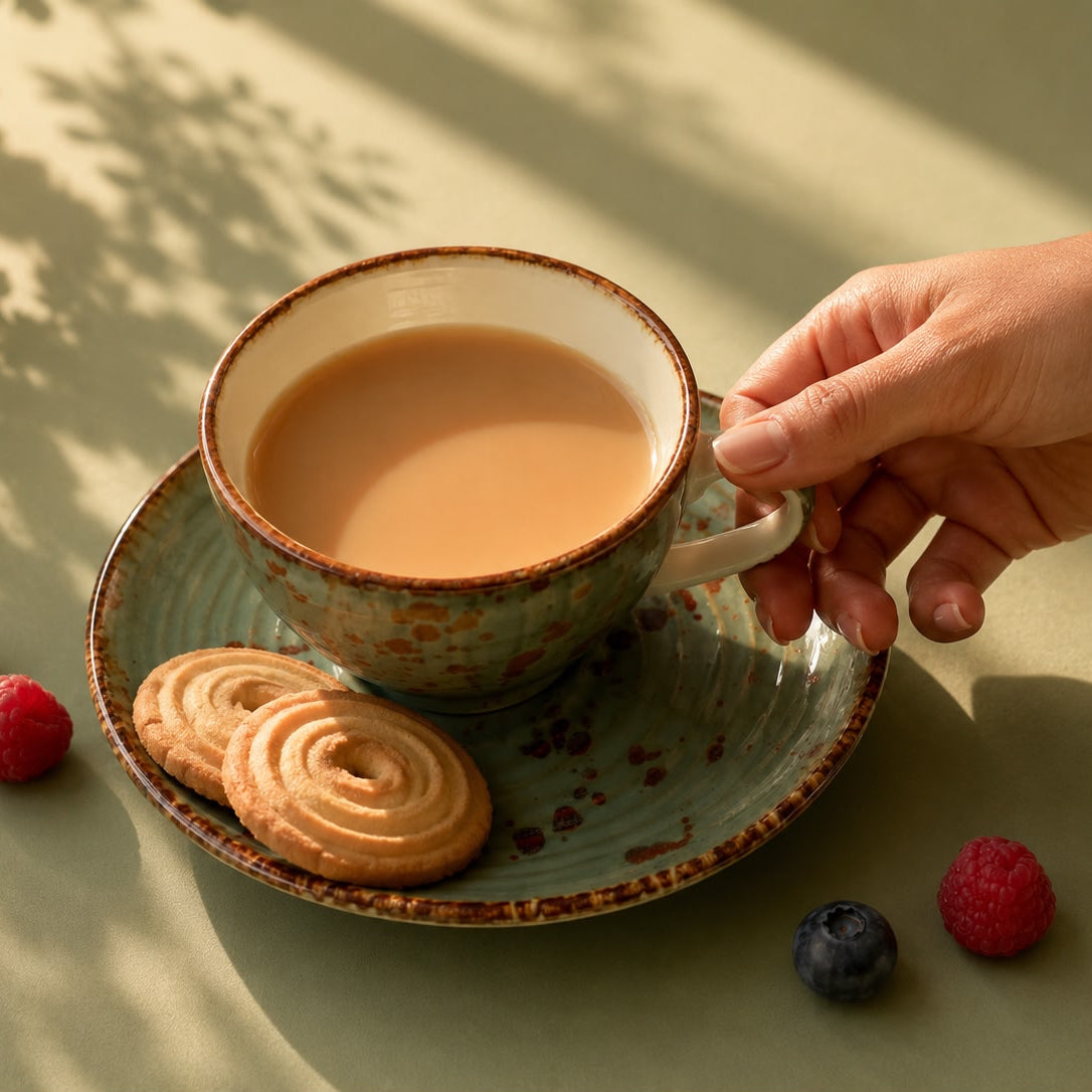 Hand holding a cup of tea with cookies and berries on a table