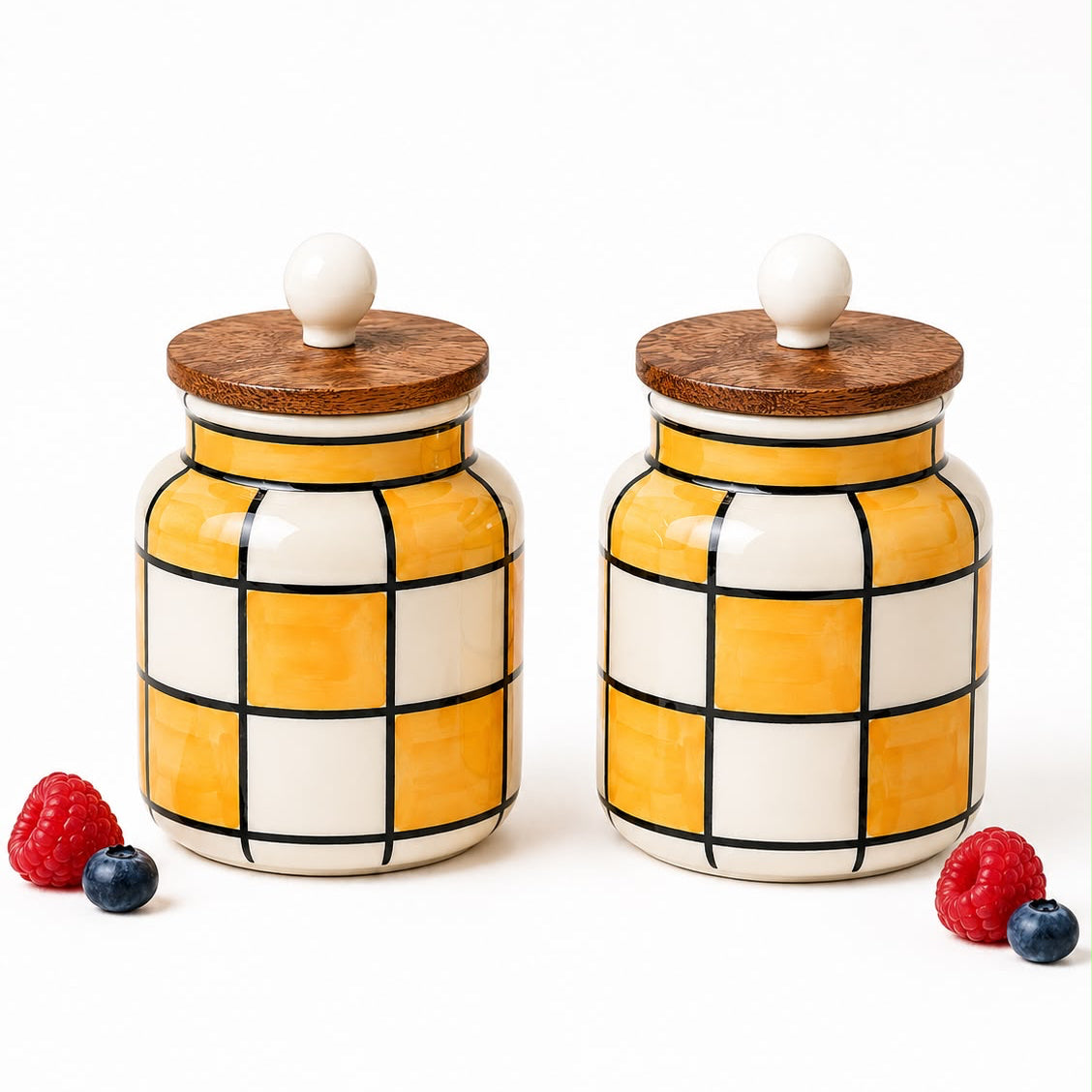 Sunshine Check Ceramic Jar Set with wooden lid ( Set of 2) | Pinterest Inspired Design