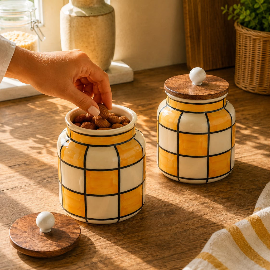 Sunshine Check Ceramic Jar Set with wooden lid ( Set of 2) | Pinterest Inspired Design