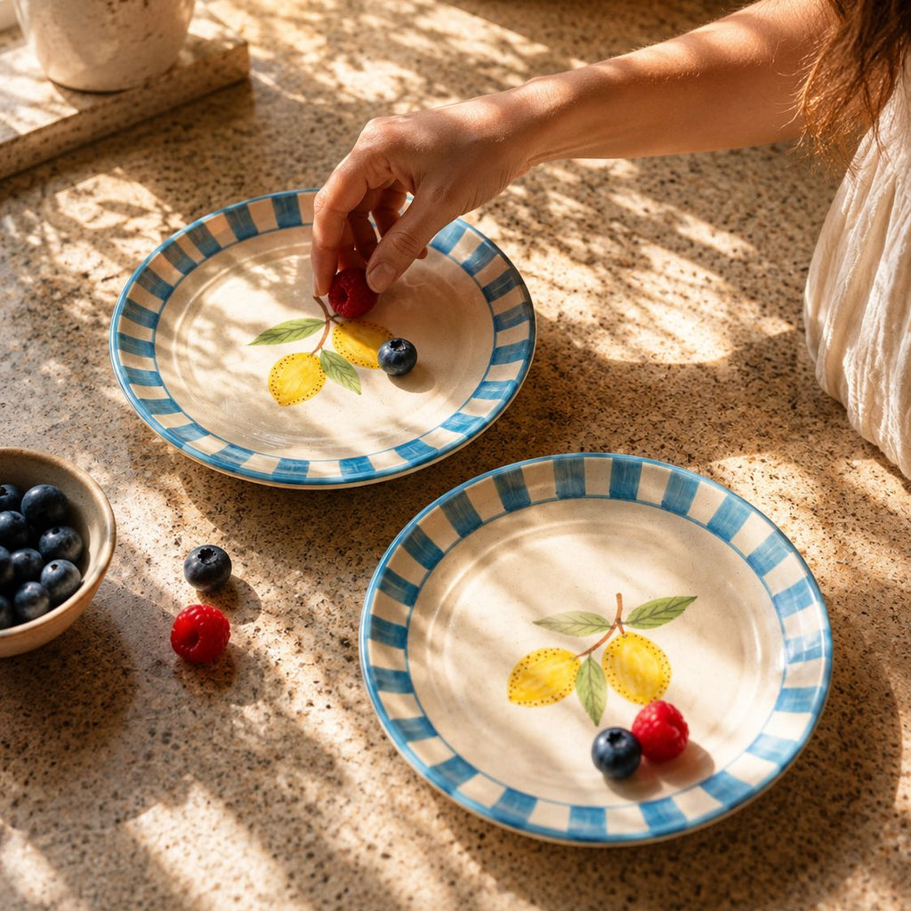 Person arranging fruits on decorative plates with blue stripes on a textured surface.