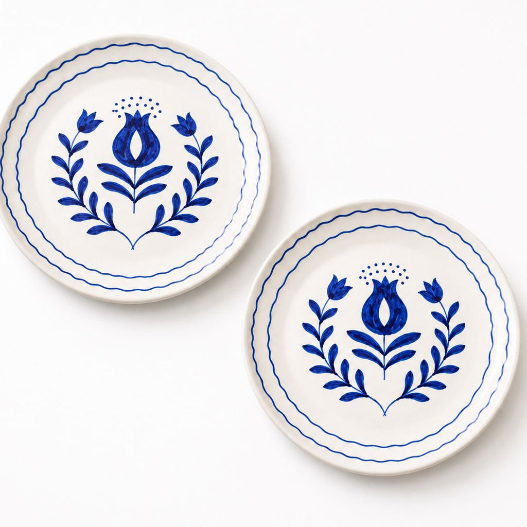 Two ceramic plates with blue floral patterns on a white background