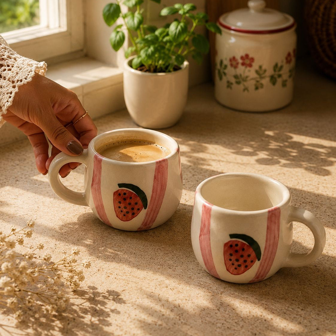 Two ceramic mugs with strawberry design on a windowsill with plants and jars.
