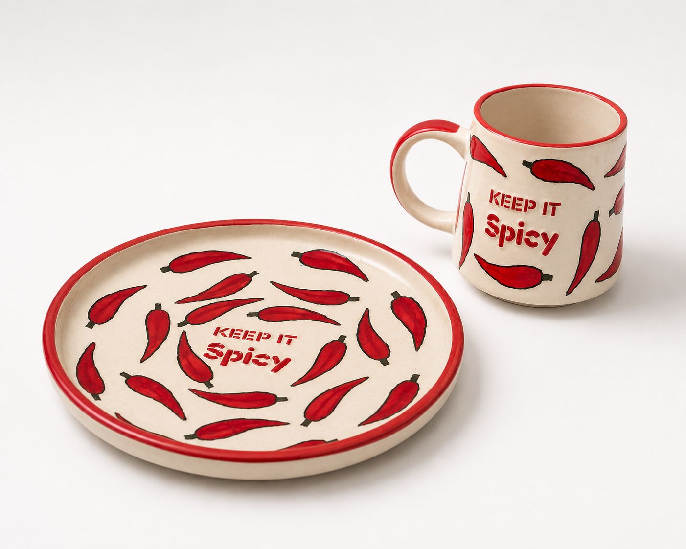 Keep It Spicy Snack Plate And Cup Set ( Set of 2) | Ceramic