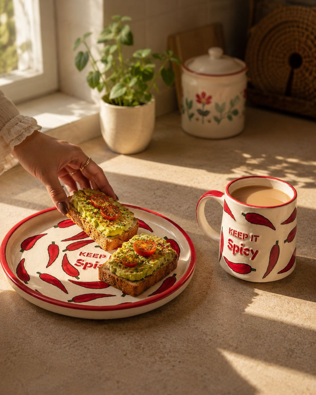 Keep It Spicy Snack Plate And Cup Set ( Set of 2) | Ceramic