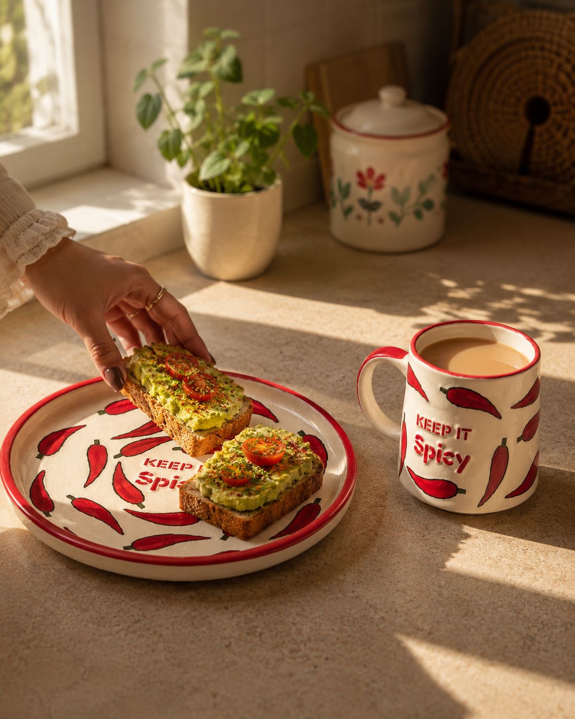 Keep It Spicy Snack Plate And Cup Set ( Set of 2) | Ceramic