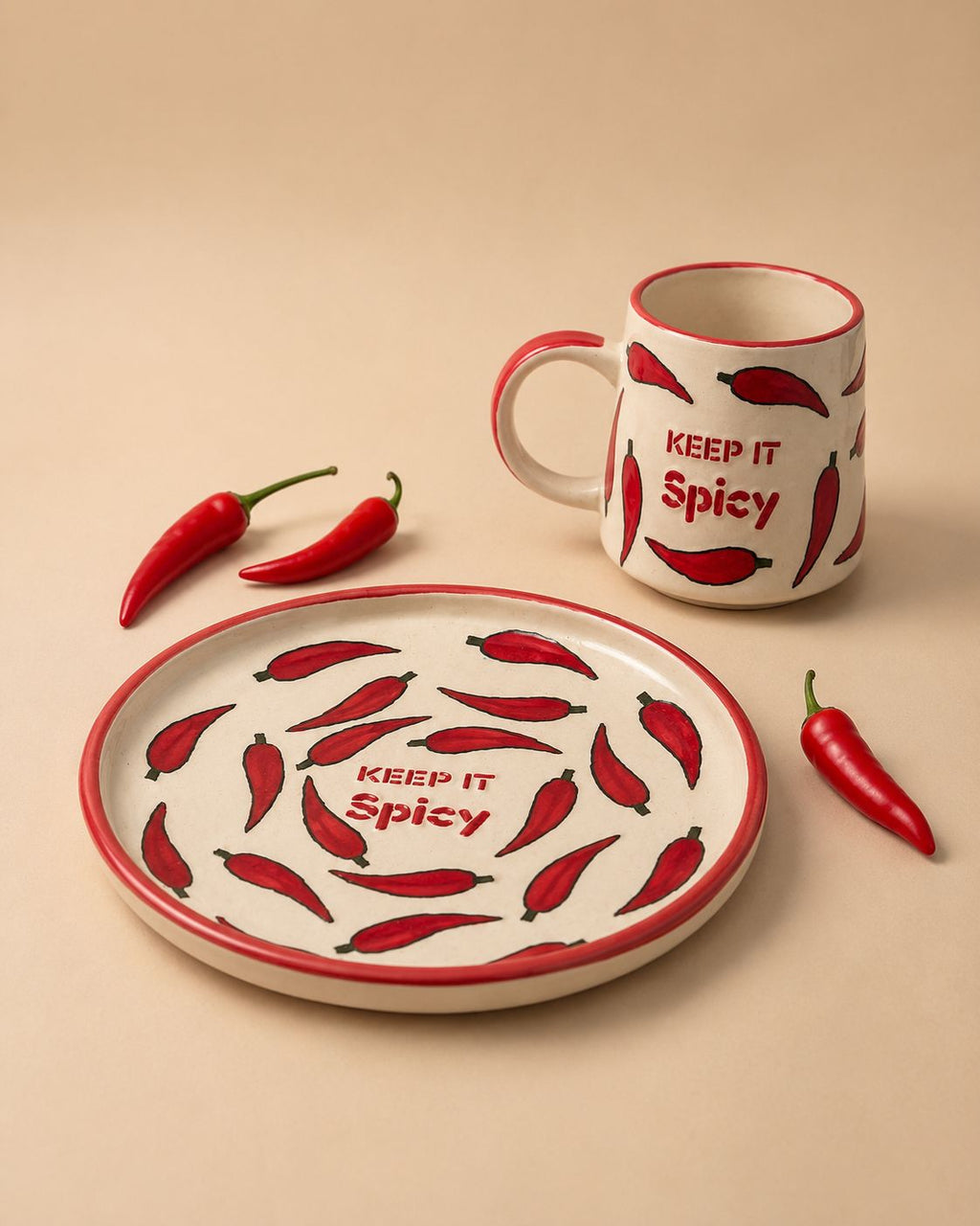 Keep It Spicy Snack Plate And Cup Set ( Set of 2) | Ceramic