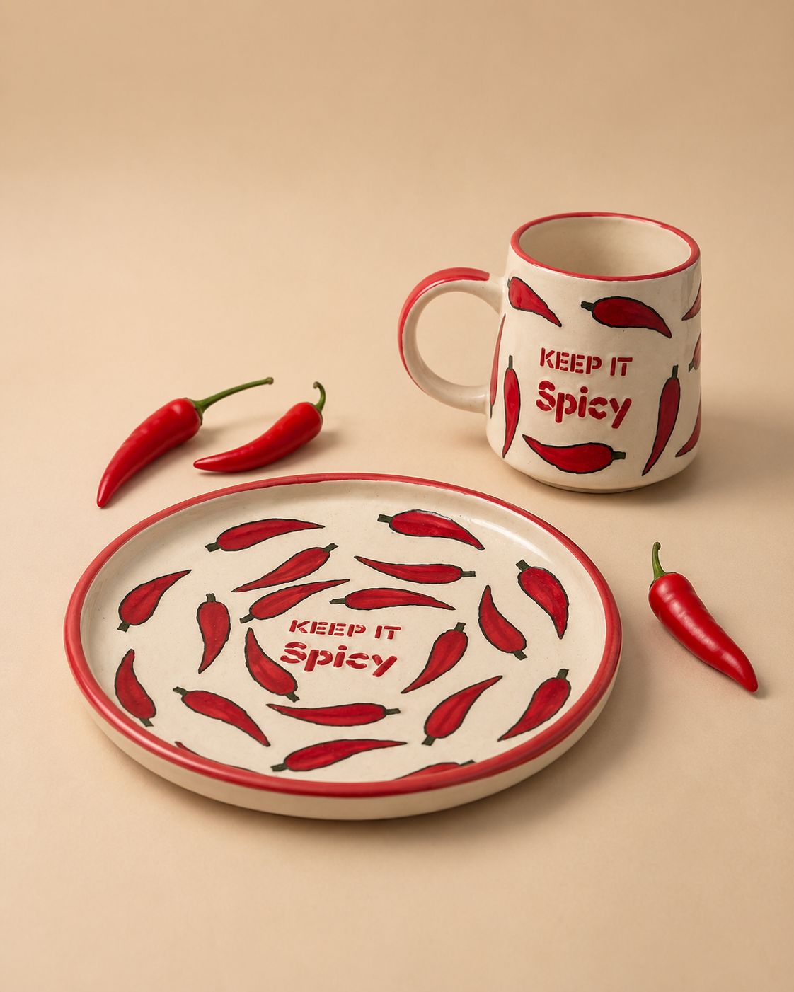 Keep It Spicy Snack Plate And Cup Set ( Set of 2) | Ceramic