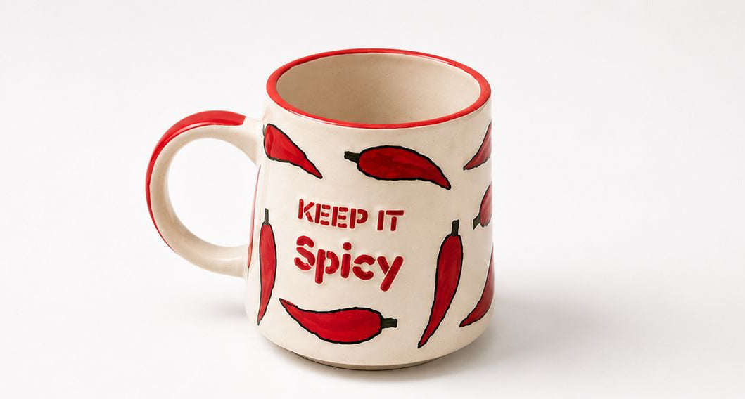 Mug and plate set with red chili pepper design and 'Keep It Spicy' text on a white background