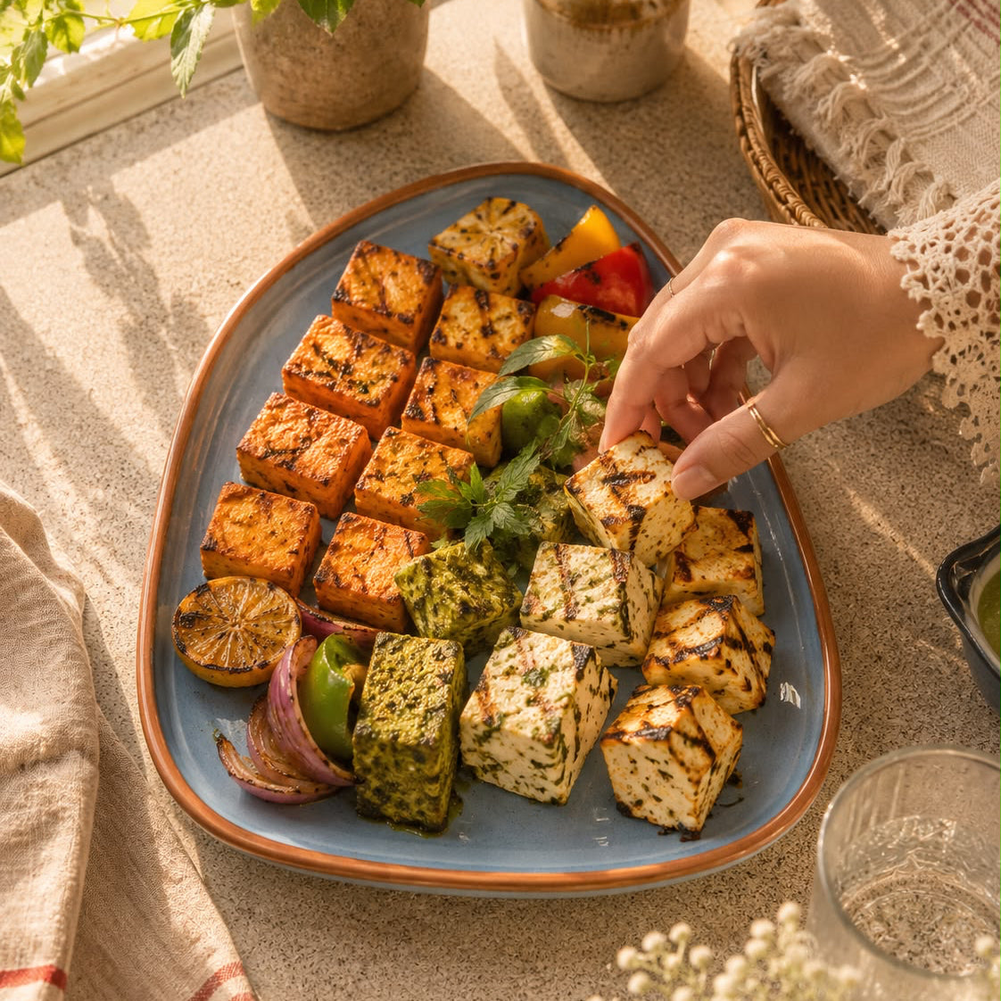 Platter of tofu cubes with vegetables on a table with a person's hand reaching for a piece.