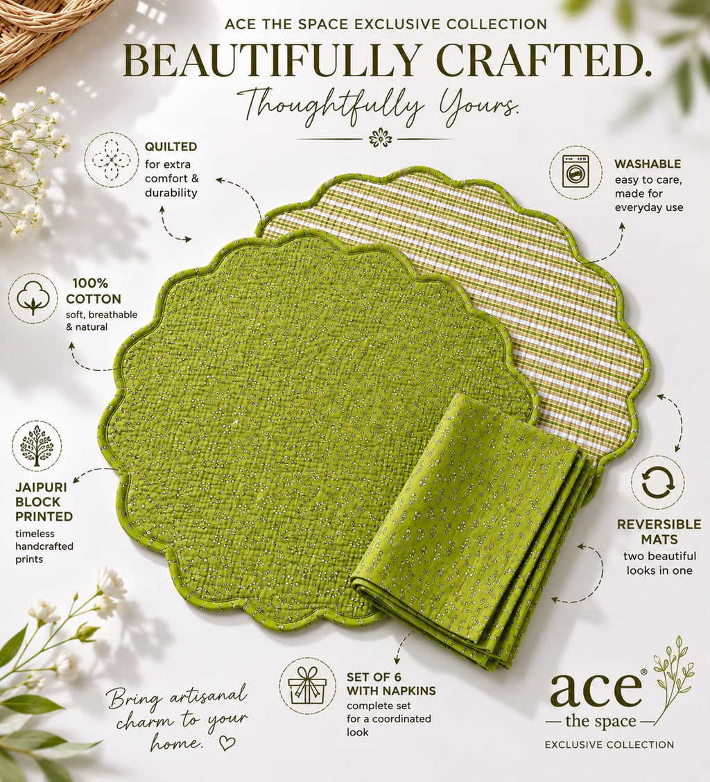 Sage Maharani Quilted Dining Set ( SET OF 6 MATS AND NAPKINS)