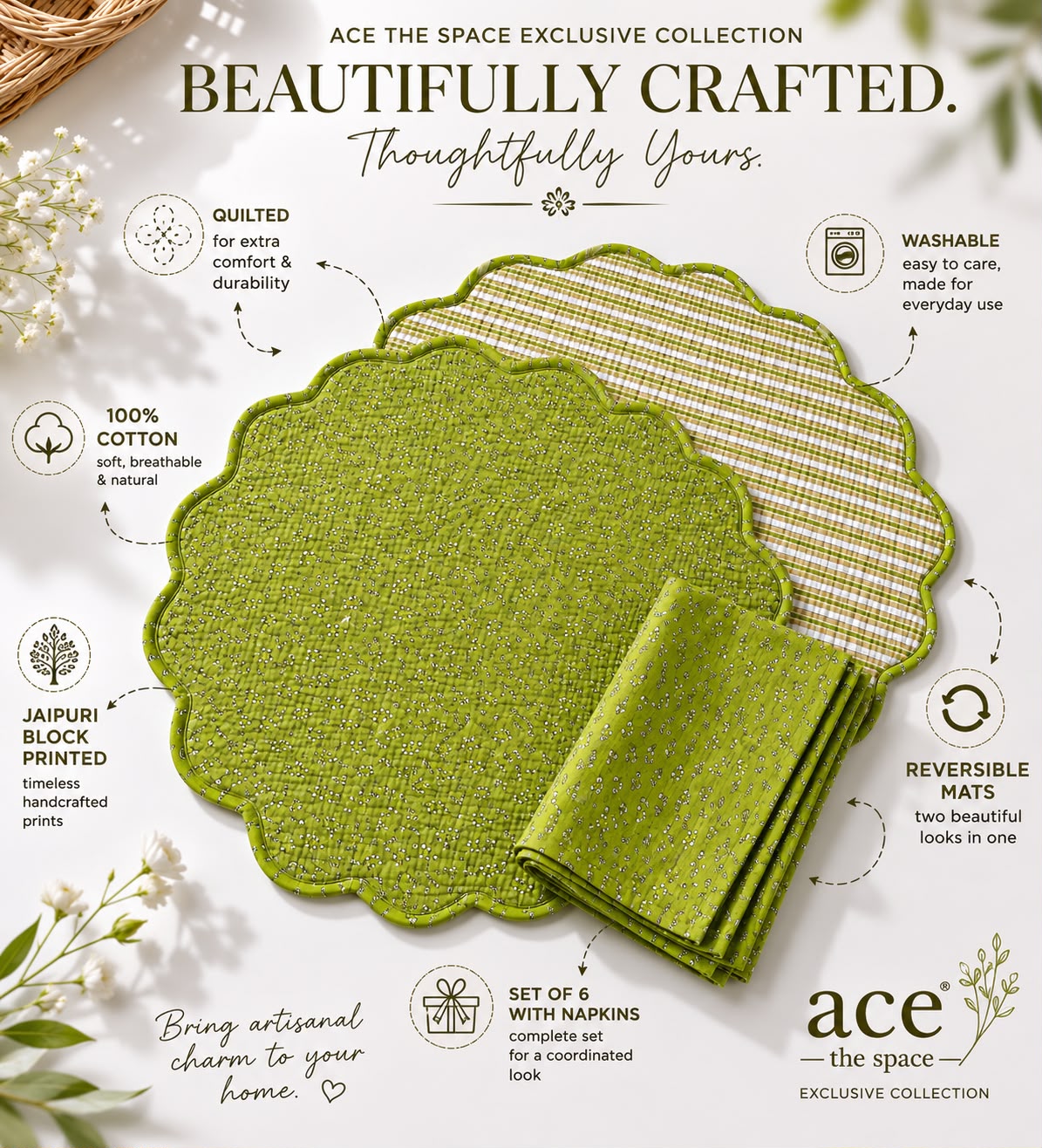 Sage Maharani Quilted Dining Set ( SET OF 6 MATS AND NAPKINS)