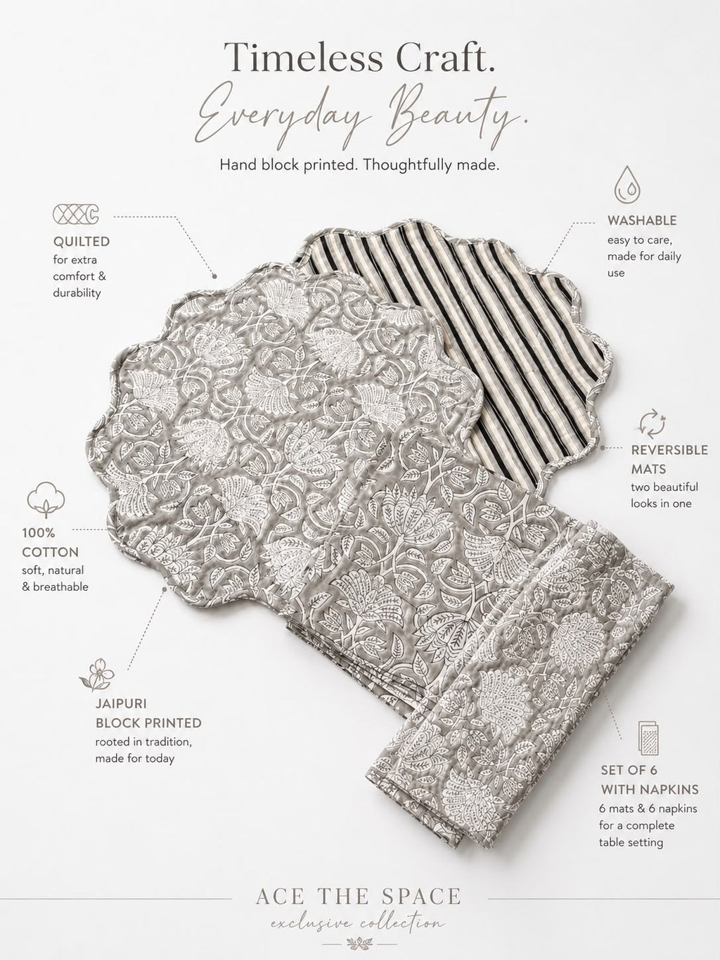 Grey Heritage Block Print Placemat Set( SET OF 6 MATS AND NAPKINS)