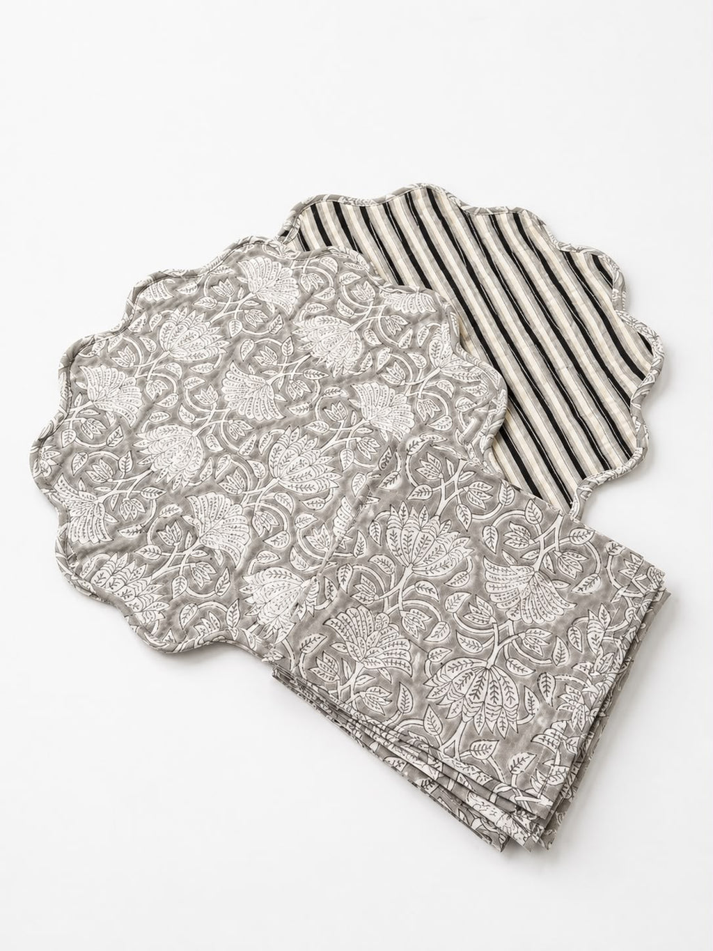 Grey Heritage Block Print Placemat Set( SET OF 6 MATS AND NAPKINS)