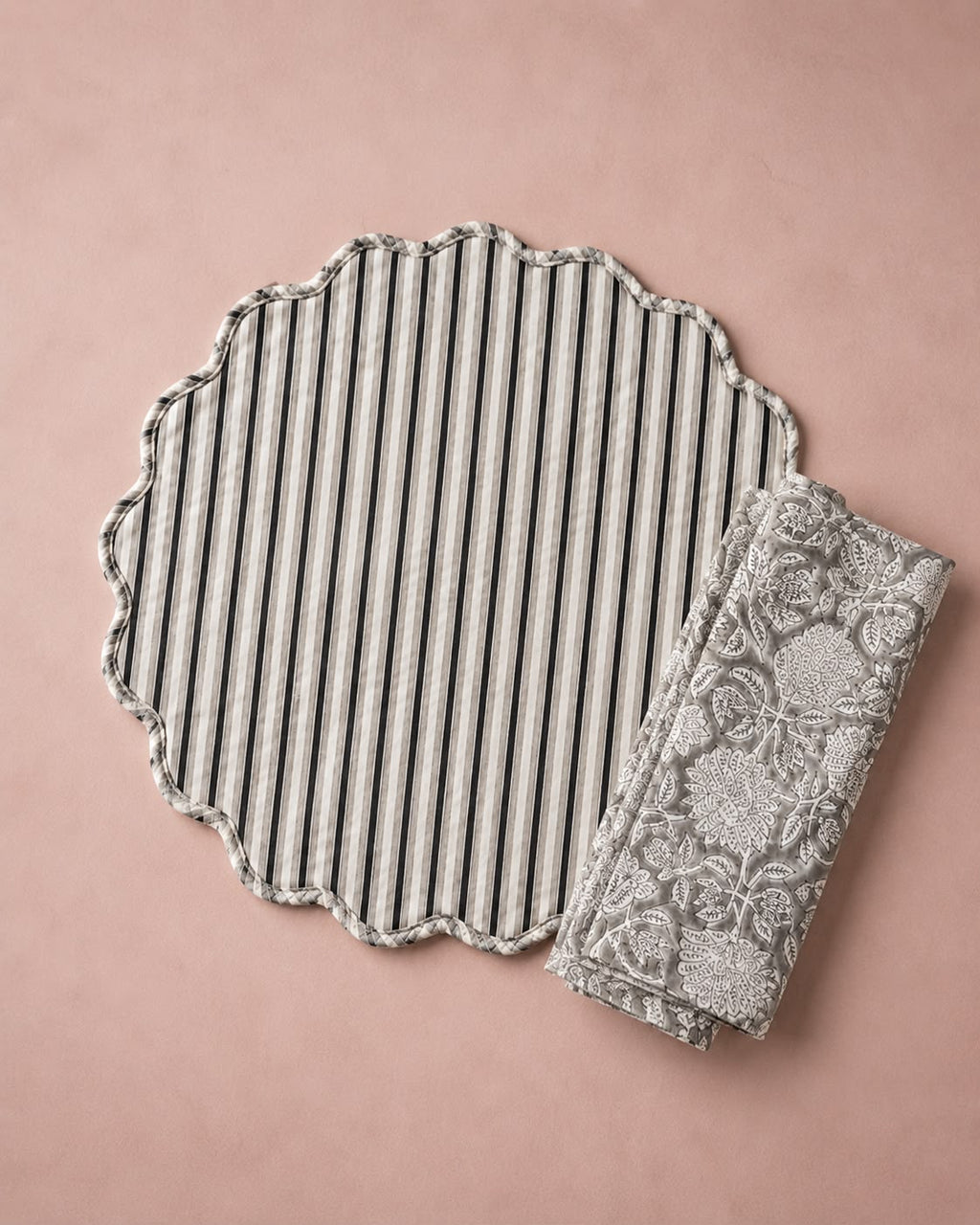 Grey Heritage Block Print Placemat Set( SET OF 6 MATS AND NAPKINS)