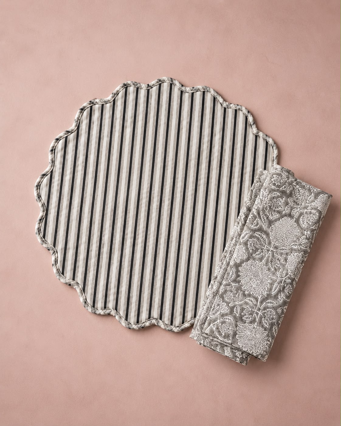 Grey Heritage Block Print Placemat Set( SET OF 6 MATS AND NAPKINS)