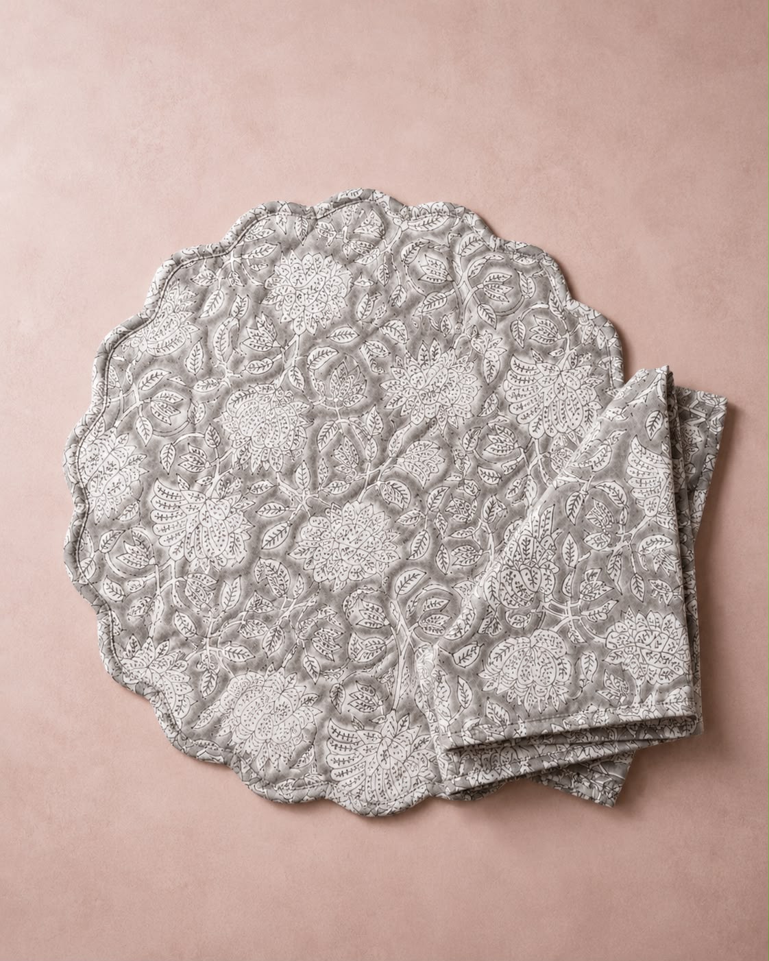 Grey Heritage Block Print Placemat Set( SET OF 6 MATS AND NAPKINS)