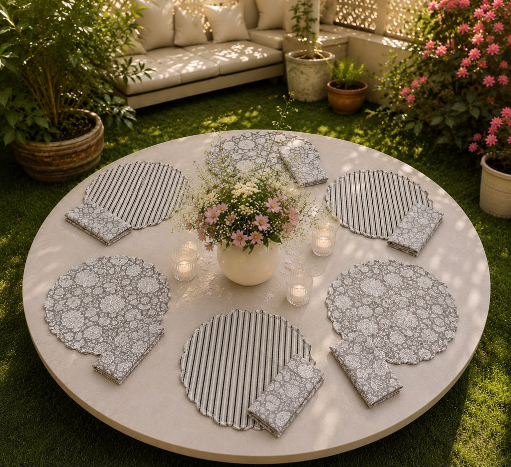 Grey Heritage Block Print Placemat Set( SET OF 6 MATS AND NAPKINS)