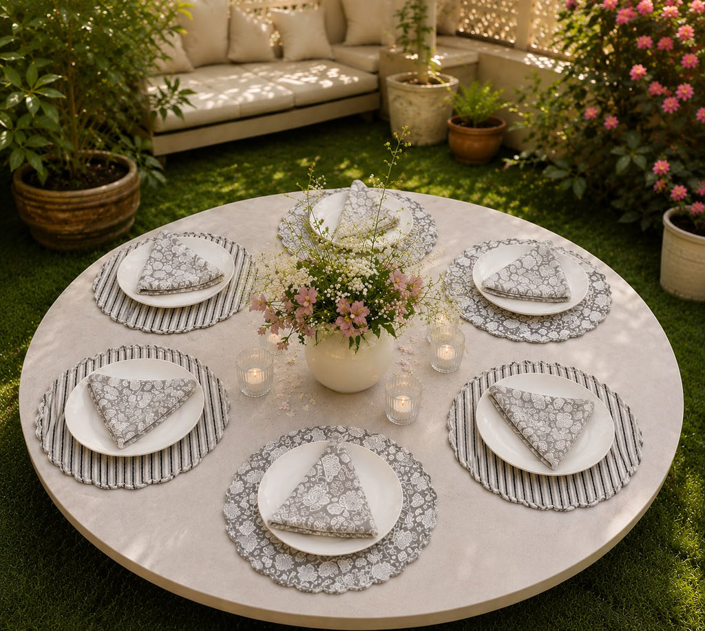 Grey Heritage Block Print Placemat Set( SET OF 6 MATS AND NAPKINS)