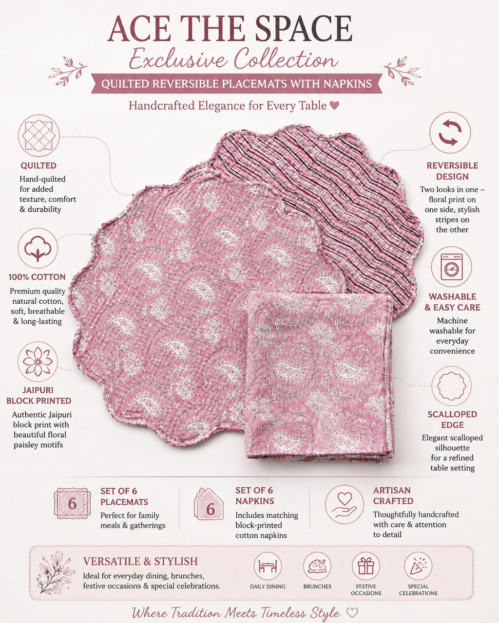 Pink Paisley Quilted Reversible Placemats with Napkins ( SET OF 6 MATS AND NAPKINS)