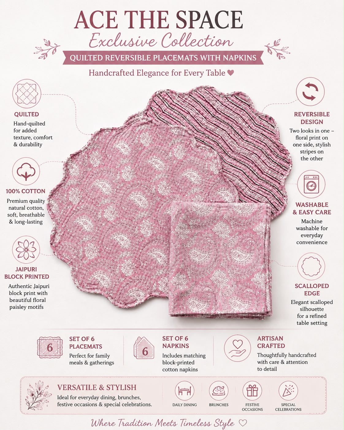 Pink Paisley Quilted Reversible Placemats with Napkins ( SET OF 6 MATS AND NAPKINS)