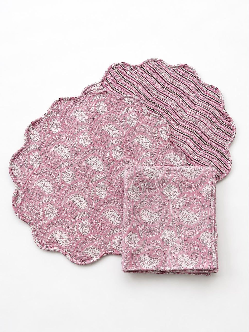 Pink Paisley Quilted Reversible Placemats with Napkins ( SET OF 6 MATS AND NAPKINS)