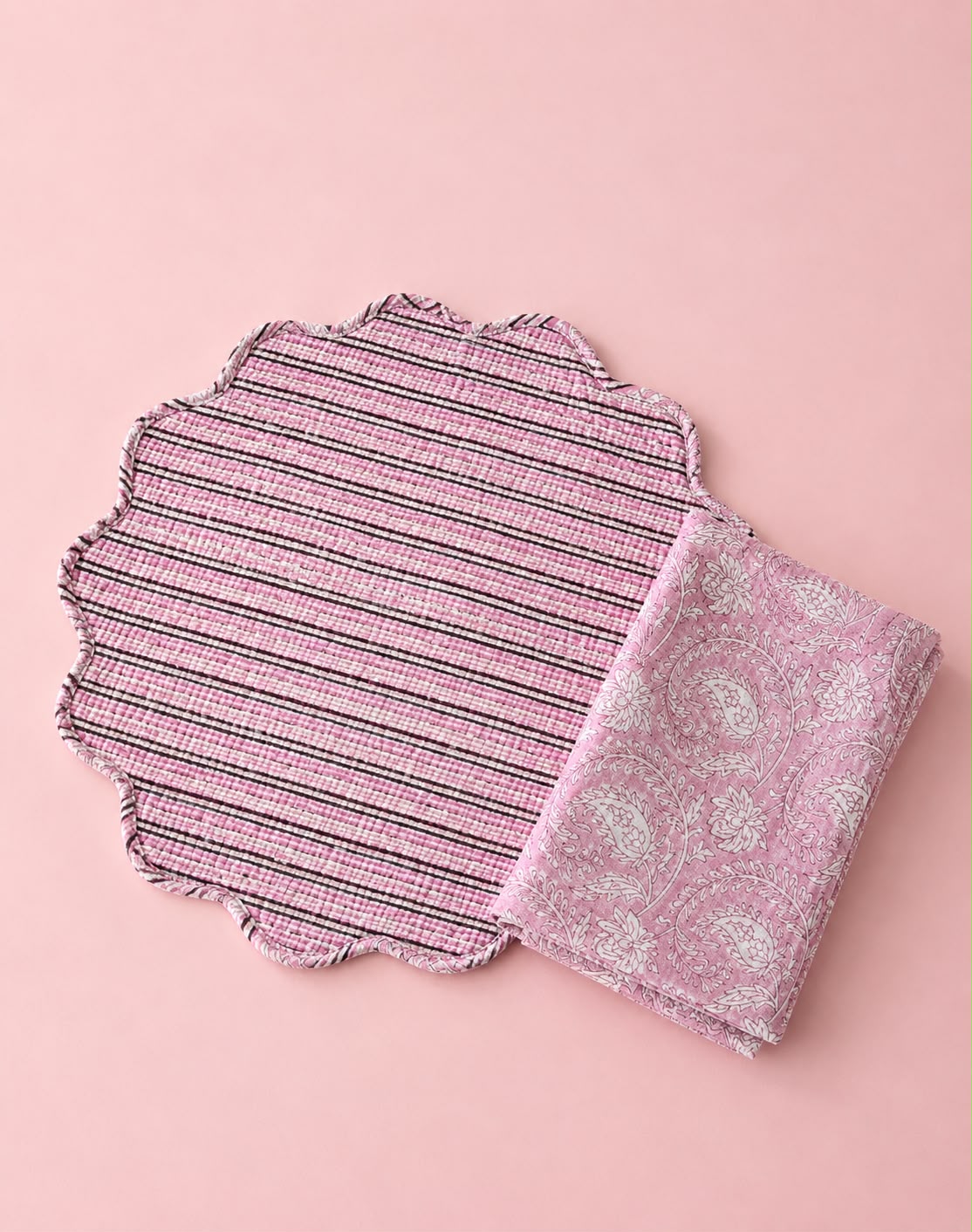Pink Paisley Quilted Reversible Placemats with Napkins ( SET OF 6 MATS AND NAPKINS)