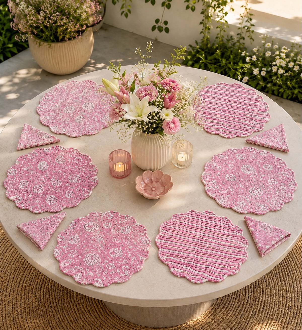 Pink Paisley Quilted Reversible Placemats with Napkins ( SET OF 6 MATS AND NAPKINS)